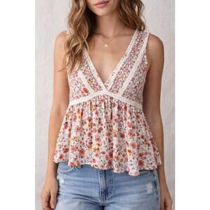 Image of Blue Rain Blue Floral Boho Babydoll Tank Top Small